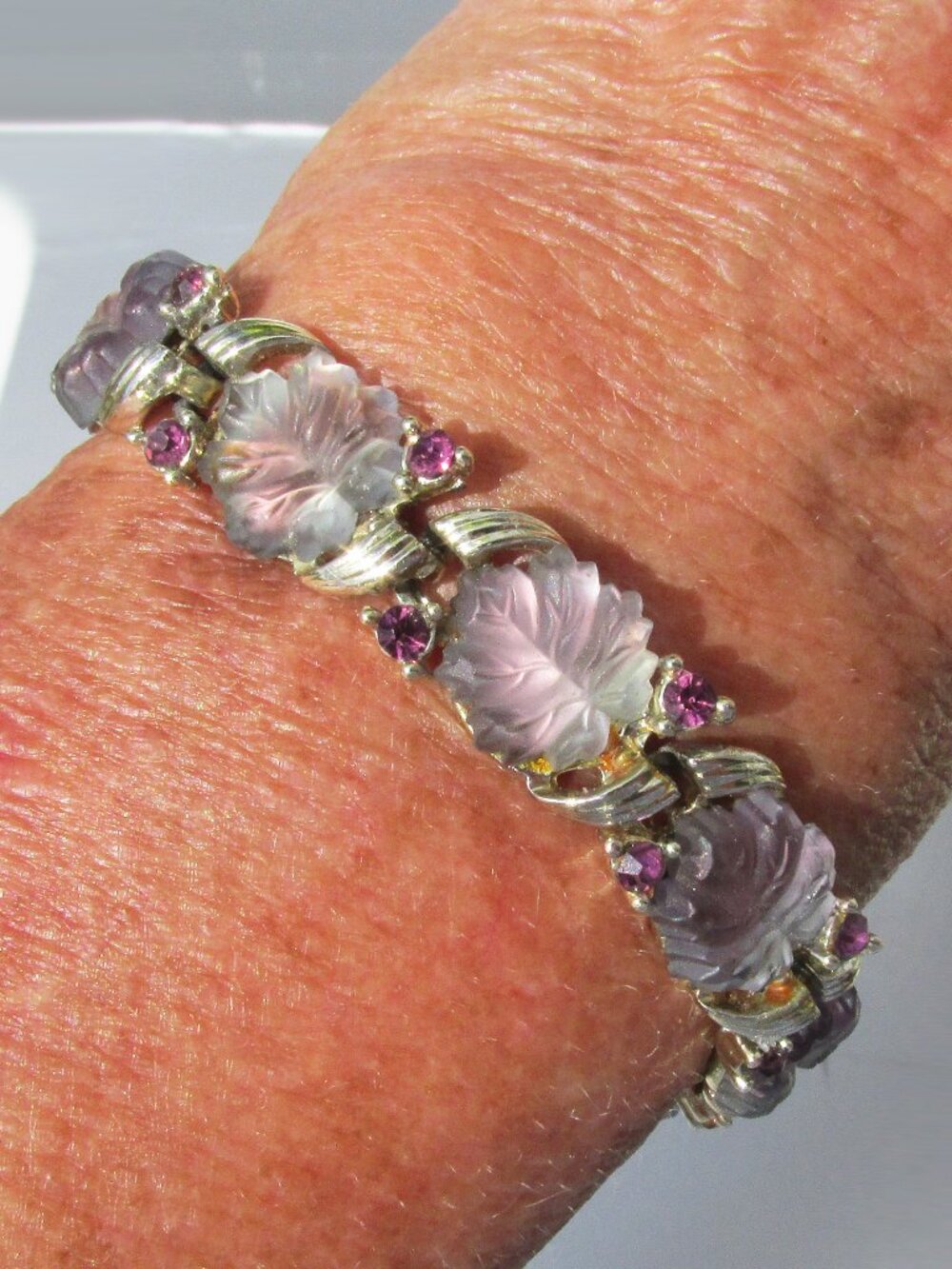 RARE Signed CORO Molded Blue Purple Glass LEAF & Rhinestone Bracelet